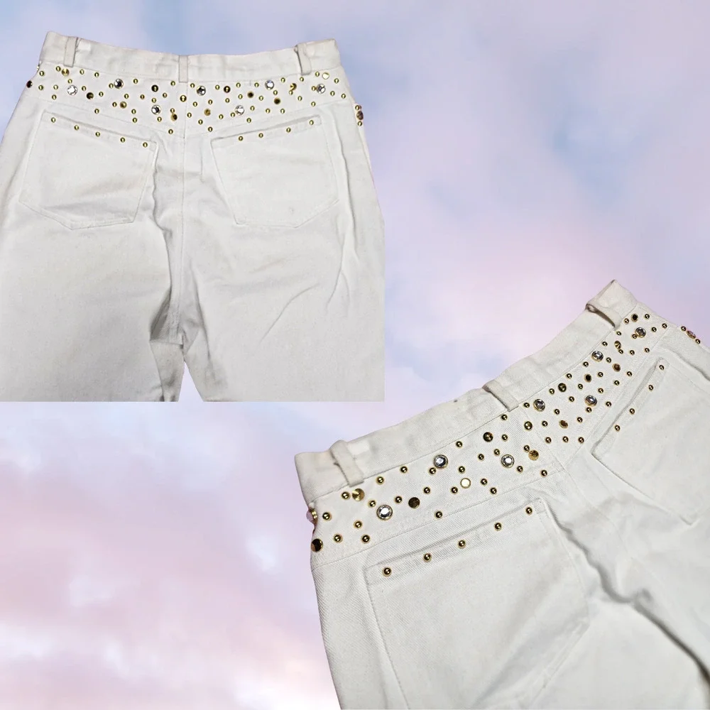 Vtg 80s Bebe Sport Hawaii  White Denim Gold Studded Rhinestone High Waist Jeans - Picture 3 of 6